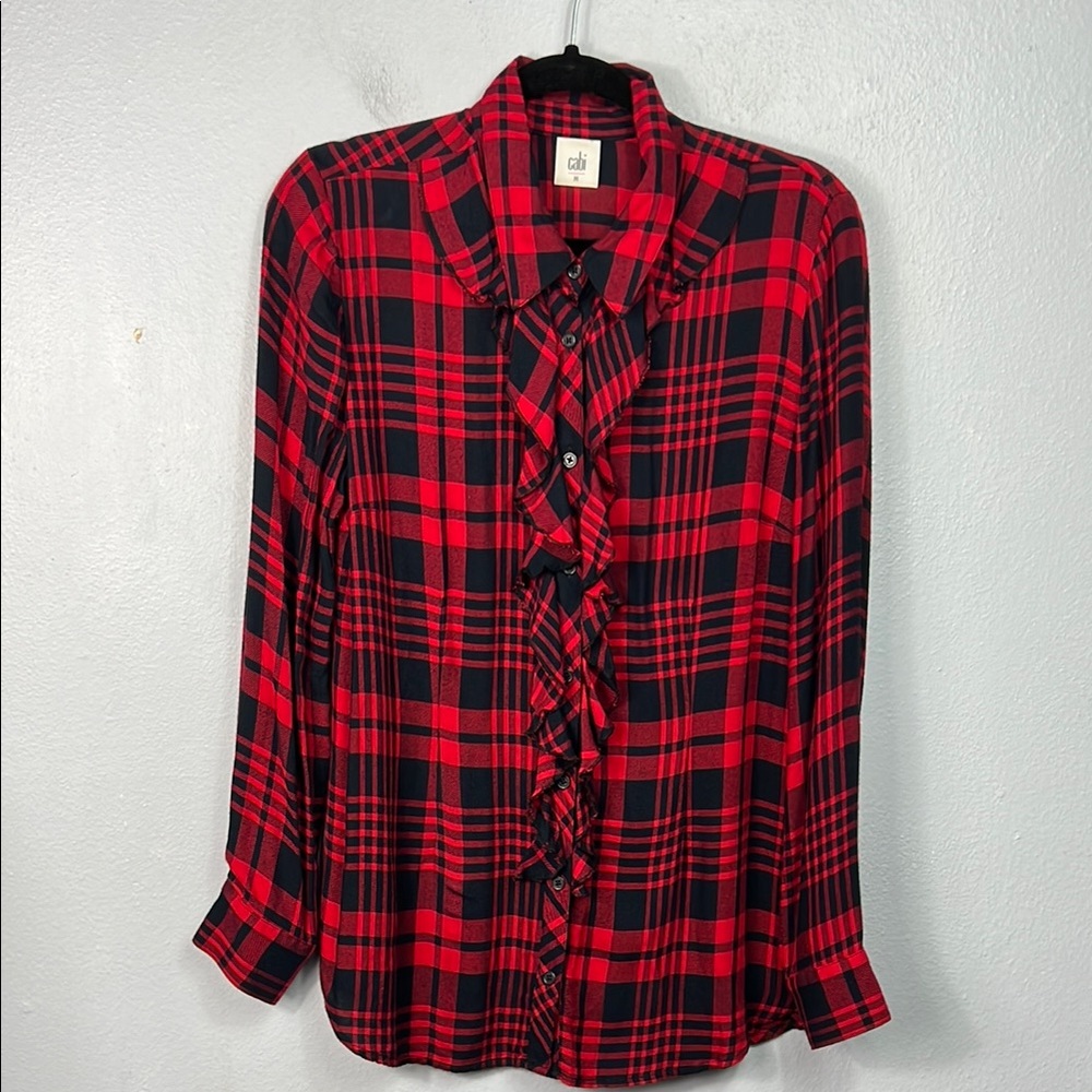 Cabi Lodge Black & Red Plaid Ruffle Button Front Long Sleeve Tunic Blouse Medium